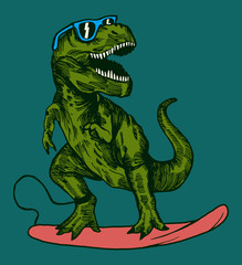 happy dinosaur surfer wearing sunglasses drawing.