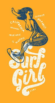surf girl vintage print. woman surfing drawing etching style.