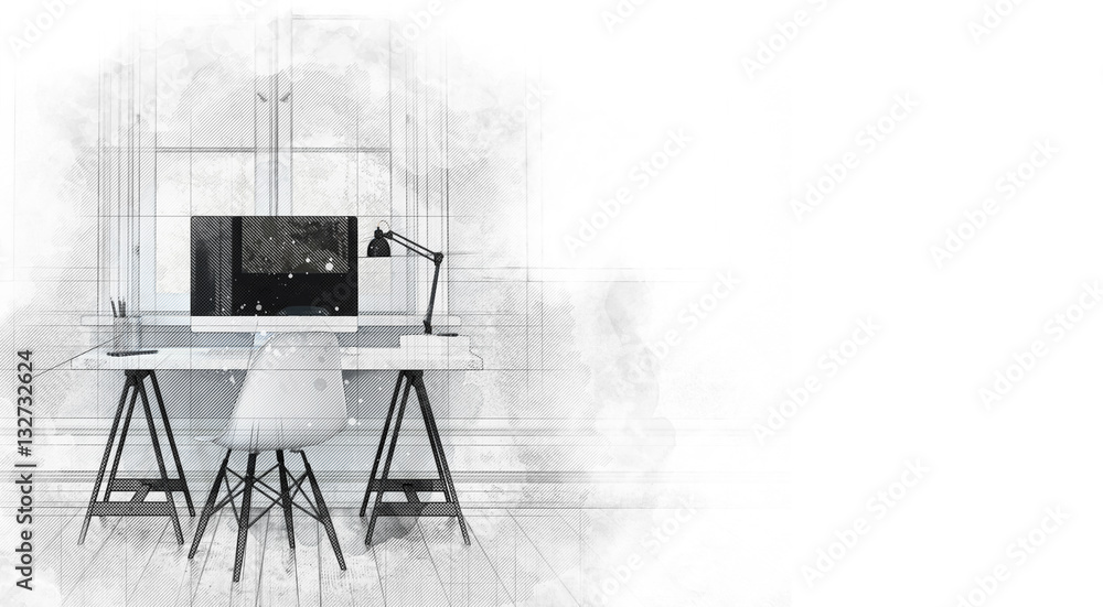 Aufkleber single desk with chair in between empty frames