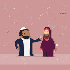 Arab Female And Male Couple Cartoon Woman Man, Muslim People Portrait Flat Vector Illustration