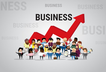 Group of Business People Over Financial Graph Arrow Up Success Businesspeople Mix Race Diverse Flat Vector Illustration