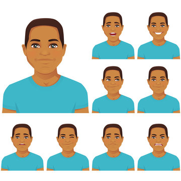 Attractive young man with different facial expressions set isolated