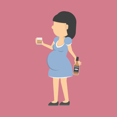 Isolated pregnant woman smokingand drinking alcohol. Bad habit and unhealthy lifestyle. Pregnancy issues.