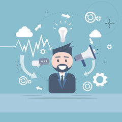 Businessman Megaphone Digital Marketing Business Man Loudspeaker Flat Vector Illustration
