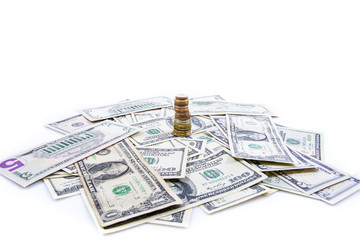 a column of coins on banknotes 