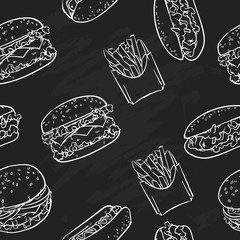 Fast food pattern including seamless on a black background. Fast