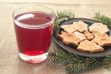Christmas cookies and drink on a linen background