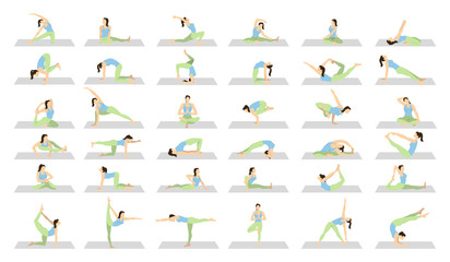 Yoga workout for women set on white background. Different poses and asanas.