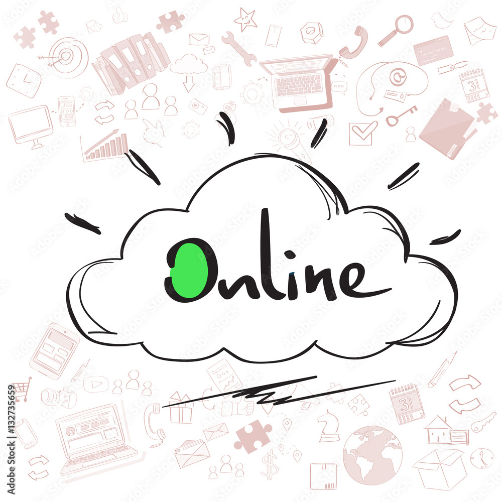 Poster cloud computing technology device set internet data information storage doodle hand draw sketch conc
