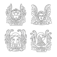 Four evangelists line symbols: angel, lion, bull and eagle. Matthew, Mark, Luke, John. - obrazy, fototapety, plakaty
