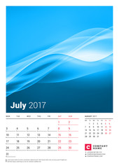 July 2017. Wall Monthly Calendar for 2017 Year. Vector Design Print Template with Place for Photo. Week Starts Monday. 2 Months on Page