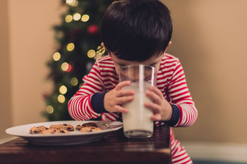 Toddler eating cookies and drinking milk Christmas Santa 