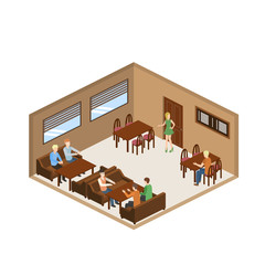 Coffee shop cafe interior isometric banner in brown tints with waiter serving visitors isometric vector illustration