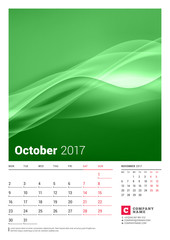 Fototapeta premium October 2017. Wall Monthly Calendar for 2017 Year. Vector Design Print Template with Place for Photo. Week Starts Monday. 2 Months on Page