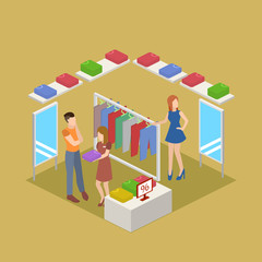 Shopping in clothes store. Shopping Center isometric vector illustration