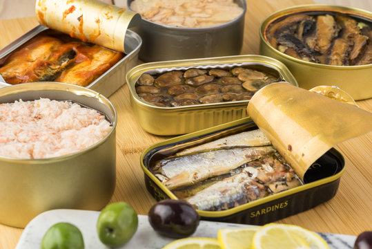 Assorted canned fish.