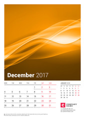 December 2017. Wall Monthly Calendar for 2017 Year. Vector Design Print Template with Place for Photo. Week Starts Monday. 2 Months on Page