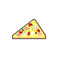 Icon slice of pizza. Slice of pizza with mushrooms, sausage, tomatoes, cheese. Vector Linear flat