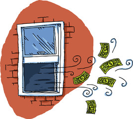 A cartoon of a window with cash money blowing out of it.
