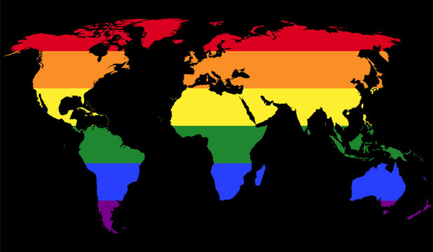 Gay pride flag in the world map. LGBT movement flag, consisting of six rainbow colored stripes in the silhouette of the world. Isolated illustration on black background. Vector.