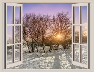 Blick aus den Fenster auf eine Schneelandschaft