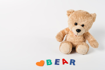 Teddy Bear with the words 'love bear' on white background
