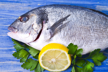 bream with lemon and parsley on a background of blue wood