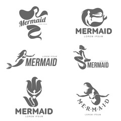 Set of stylized black and white graphic mermaid logo templates, vector illustration isolated on white background. Black and white swimming, sitting, stylized mermaid logotype, logo design