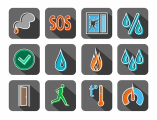 Alarm, fire detectors, humidity, motion, temperature, icons, colored, contour, gray. Color, contour image on a gray background with shadow. Vector clip art for sensors. 