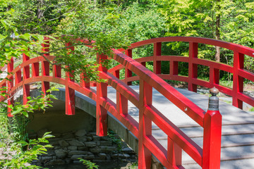 Red bridge over water in a Japanese garden.  