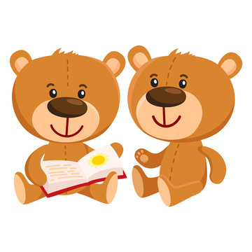 Two cute traditional, retro style teddy bear characters sitting and reading a book, cartoon vector illustration isolated on white background. Teddy bear characters reading book together