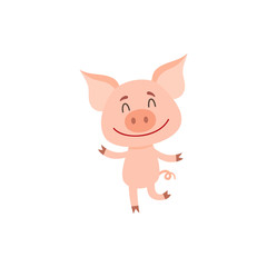 Funny little pig dancing on two rear legs with eyes closed, cartoon vector illustration isolated on white background. Cute little pig dancing and smiling happily, decoration element