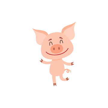 Funny little pig dancing on two rear legs with eyes closed, cartoon vector illustration isolated on white background. Cute little pig dancing and smiling happily, decoration element
