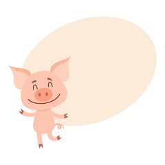Funny little pig dancing on two rear legs with eyes closed, cartoon vector illustration on background with place for text. Cute little pig dancing and smiling happily, decoration element
