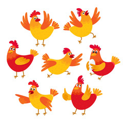Set of funny cartoon red and orange chicken, hen in various poses, vector illustration isolated on white background. Cute and funny colorful set chicken running, standing, sitting, holding an egg