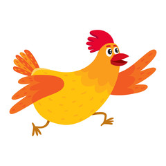 Funny cartoon red and orange chicken, hen rushing, hurrying somewhere, cartoon vector illustration isolated on white background. Cute and funny colorful chicken running somewhere enthusiastically