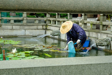 Workers is clean the lotus pond in Chi Lin Nunnery, Tang dynasty