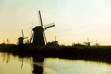 Traditional dutch windmills in countryside at Kinderdijk, Rotter