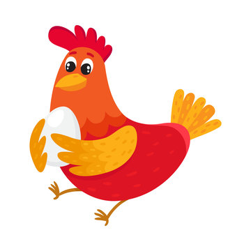 Funny cartoon red and orange chicken, hen standing and holding egg, cartoon vector illustration isolated on white background. Cute and funny colorful chicken, fire rooster