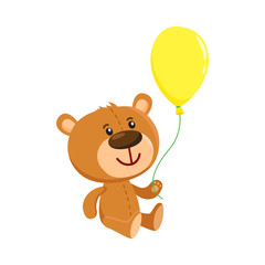 Obraz na płótnie Canvas Cute retro style teddy bear character sitting and holding a yellow floating balloon, cartoon vector illustration isolated on white background. Teddy bear character with yellow balloon