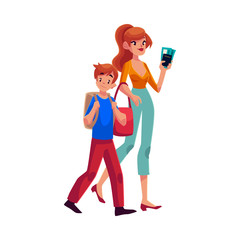 Young beautiful woman going on vacation with her son, holding boarding passes and passport, cartoon illustration isolated on white background. Full length portrait of young mother and son in airport