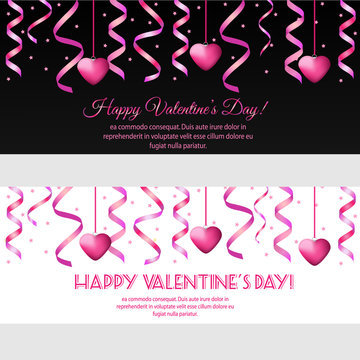 St Valentines Day Horizontal Banners With Pink Streamers And Hearts