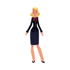 Full length portrait of beautiful blond haired stewardess in black uniform, cartoon vector illustration isolated on white background. Cartoon air stewardess, cabin crew wearing uniform and red tie