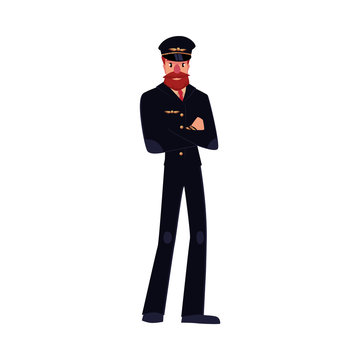 Full length portrait of serious civil airline pilot with beard and whiskers wearing black uniform, cartoon vector illustration isolated on white background. Hipster pilot wearing black uniform