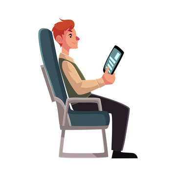 Young man seating in airplane, economy class, holding a tablet or e-book, cartoon vector illustration on white background. Man seating in economy class, airplane passenger, holding a tablet, side view