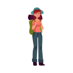 Young pretty girl travelling, hitch hiking with backpack, cartoon illustration isolated on white background. Woman, girl, backpacker, hitchhiker with a backpack and sleeping bag, arriving or departing