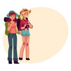 Two pretty girls travelling, hitchhiking with backpacks and camera, cartoon illustration on background with place for text. Female backpackers, hitchhikers, friends travelling with backpacks