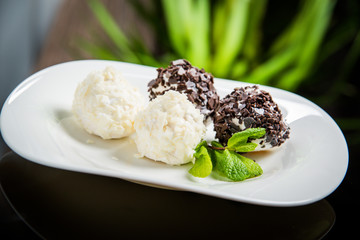 chocolate ice cream on a white plate