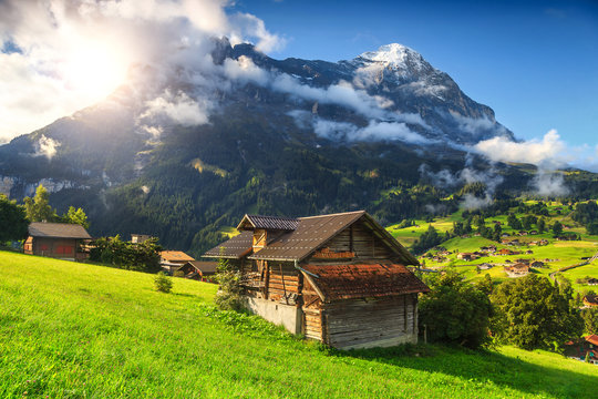 Fototapeta Amazing Grindelwald resort and Eiger mountains, Bernese Oberland, Switzerland, Europe