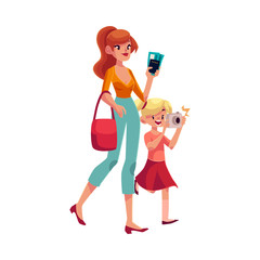 Young beautiful woman going on vacation with her daughter holding camera, passes and passport, cartoon illustration isolated on white background. Full length portrait of young mother and daughter